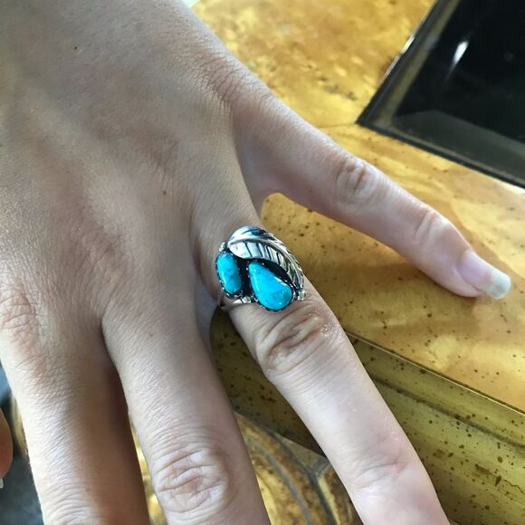 Kingman Turquoise Sterling Silver Feather Ring Size 6 - Picture 9 of 9